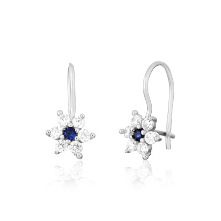Срібні сережки Квітки з французькою застібкою з синім фіанітом
