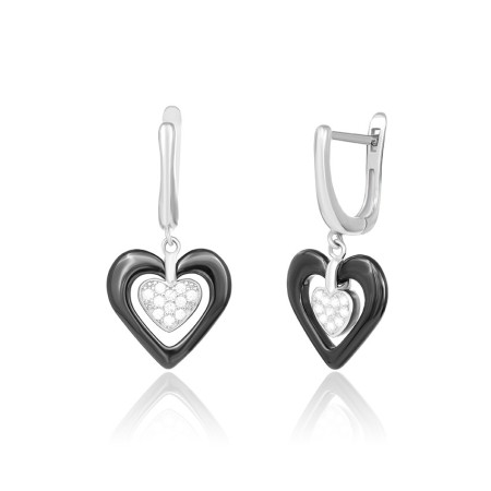 Срібні сережки серця з фіанітами і чорною керамікою