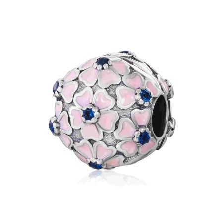 Срібна намистина-шарм з кліпсою з синіми фіанітами і емаллю 'Рожева примула' (П5ФРС/7086)