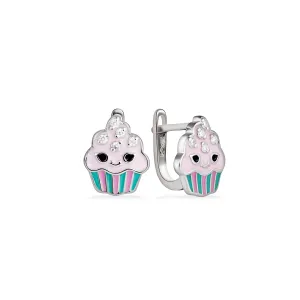 Срібні сережки дитячі 'Морозиво' з фіанітом та емаллю
