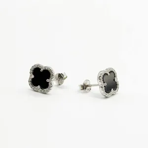 Срібні сережки пусети з фіанітами та оніксом Конюшина