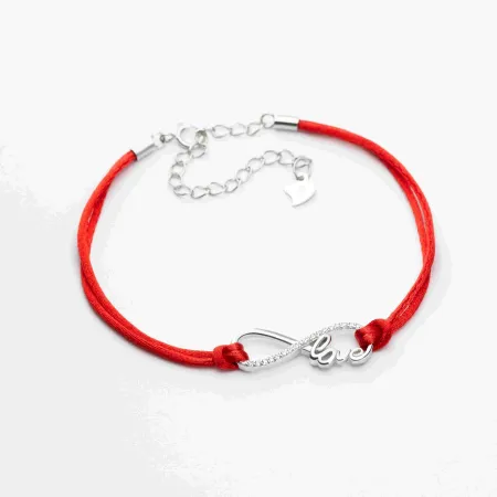 Срібний браслет з червоною ниткою Нескінченна Love з фіанітами