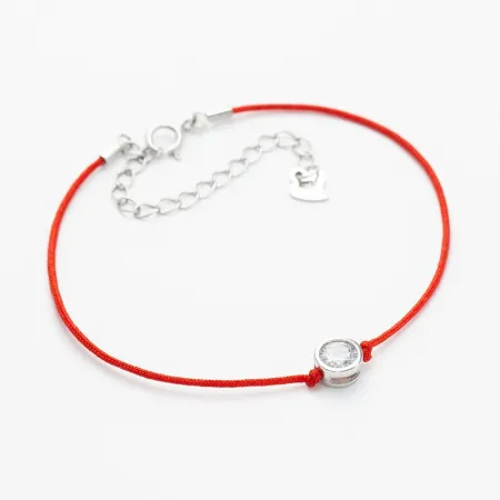 Срібний браслет з червоної шовкової нитки з білим фіанітом