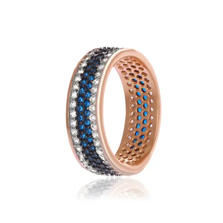 Серебряное кольцо позолоченное с синими и белыми фианитами