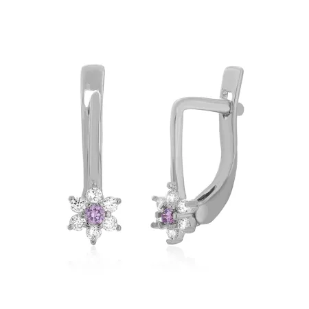 Серебряные серьги с сиреневыми фианитами и 'Цветок'