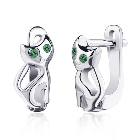 Серебряные серьги кошки с зелеными фианитами