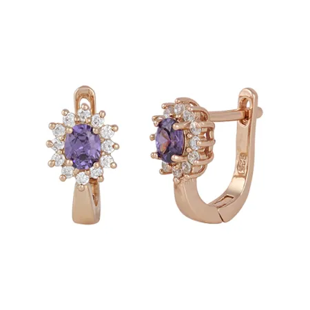 Срібні сережки в позолоті з бузковими фіанітами