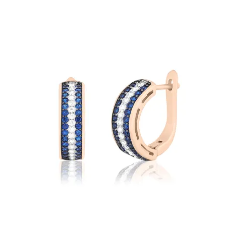 Срібні сережки в позолоті з синіми і білими фіанітами класичної форми