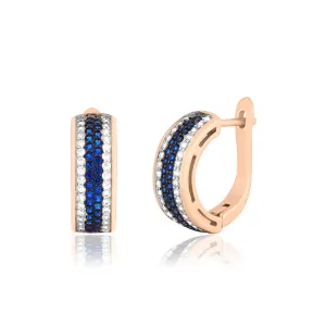 Серебряные серьги в позолоте с синими и белыми фианитами