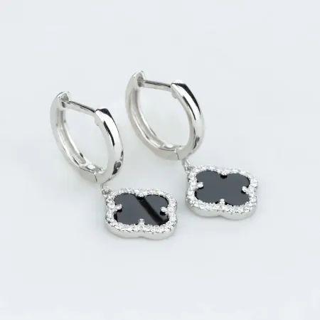Серебряные серьги конго с подвеской Клевер с фианитами и ониксом