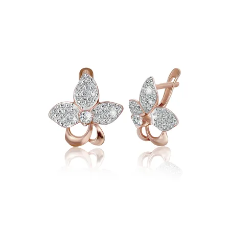 Серебряные серьги лепестки покрытые позолотой с фианитами