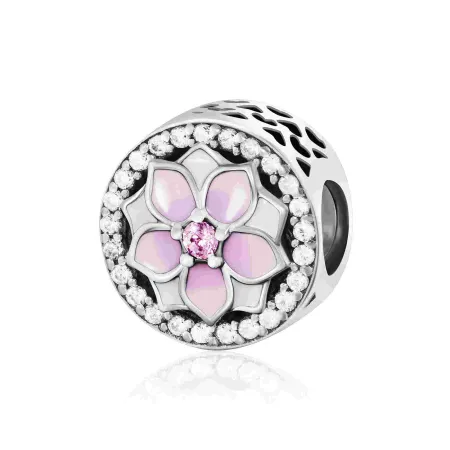 Срібна намистина-шарм з рожевими фіанітами 'Магнолія'